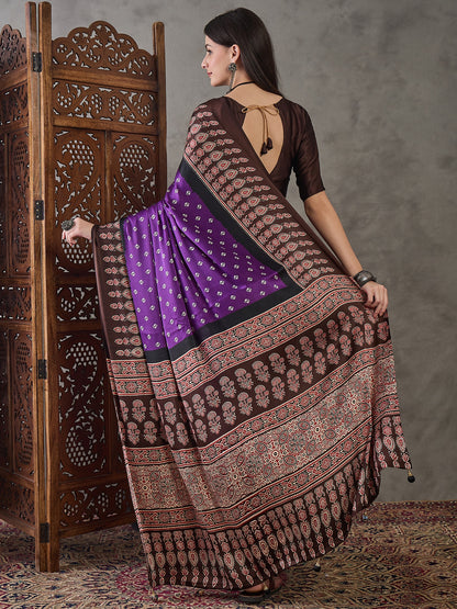 Purple & Brown Readymade Crepe Silk Saree