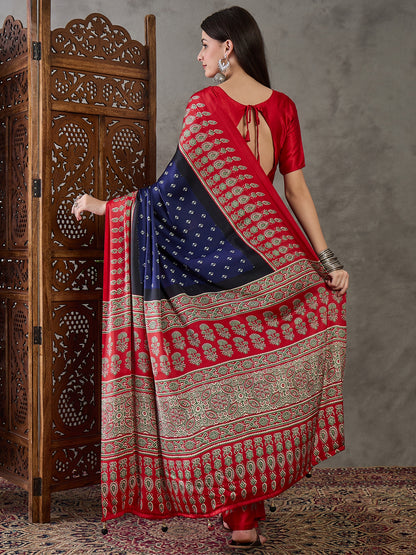 Blue & Red Readymade Crepe Silk Saree