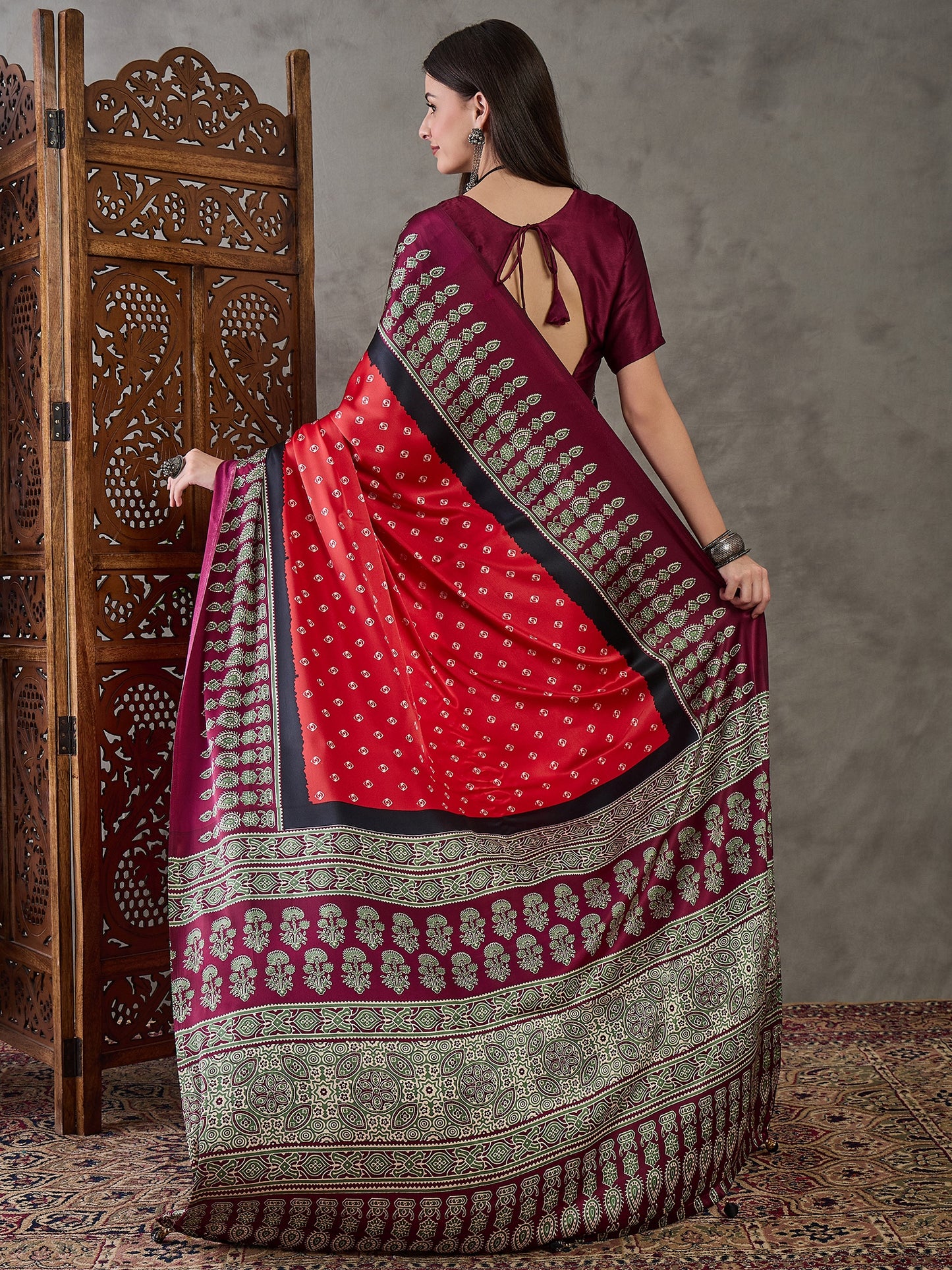 Red & Maroon Readymade Crepe Silk Saree