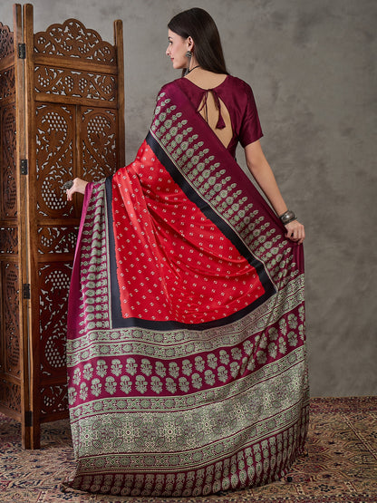 Red & Maroon Readymade Crepe Silk Saree