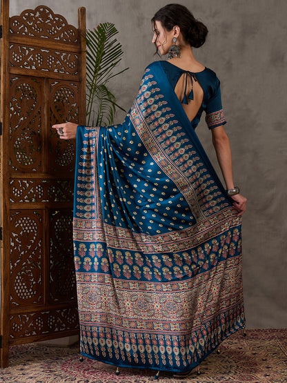 Turquoise Readymade Crepe Silk Saree - Panaash Saree