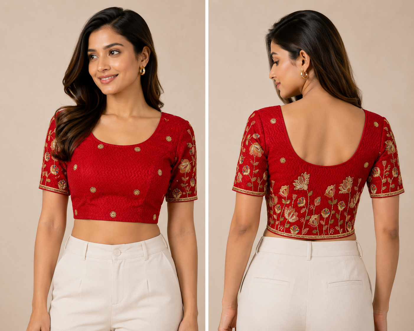 Red floral vine stretch blouse, short sleeves, scoop neckline and open back