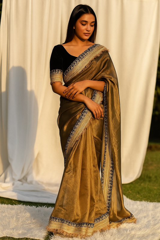 Golden Color Tissue Silk Readymade/Easy Saree