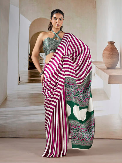 Magenta Stipe Crepe Silk Ready To Wear/Easy Saree by Stylebypanaash 