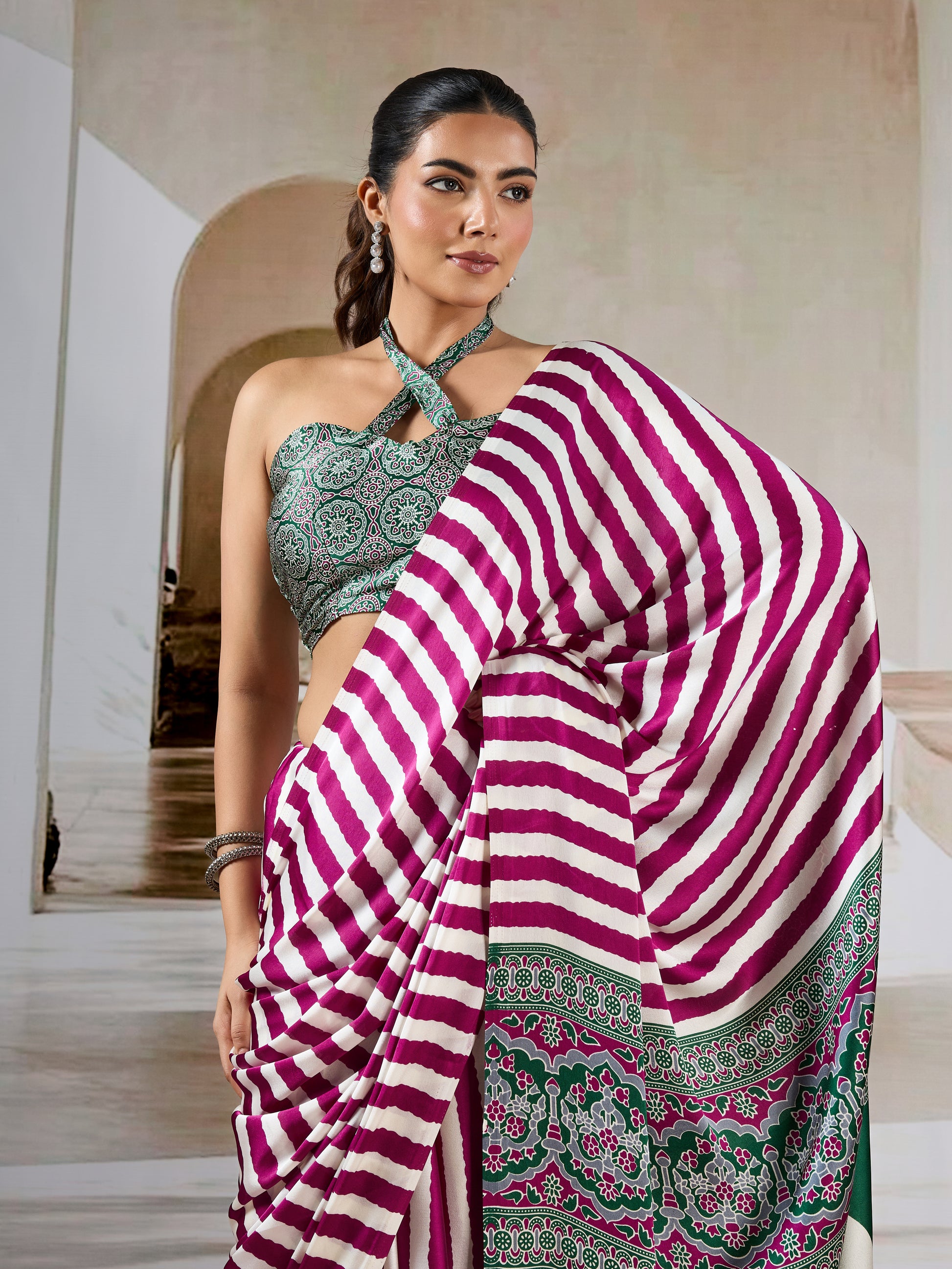 Magenta Stipe Crepe Silk Ready To Wear/Easy Saree by Stylebypanaash 