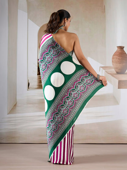 Magenta Stipe Crepe Silk Ready To Wear/Easy Saree by Stylebypanaash 