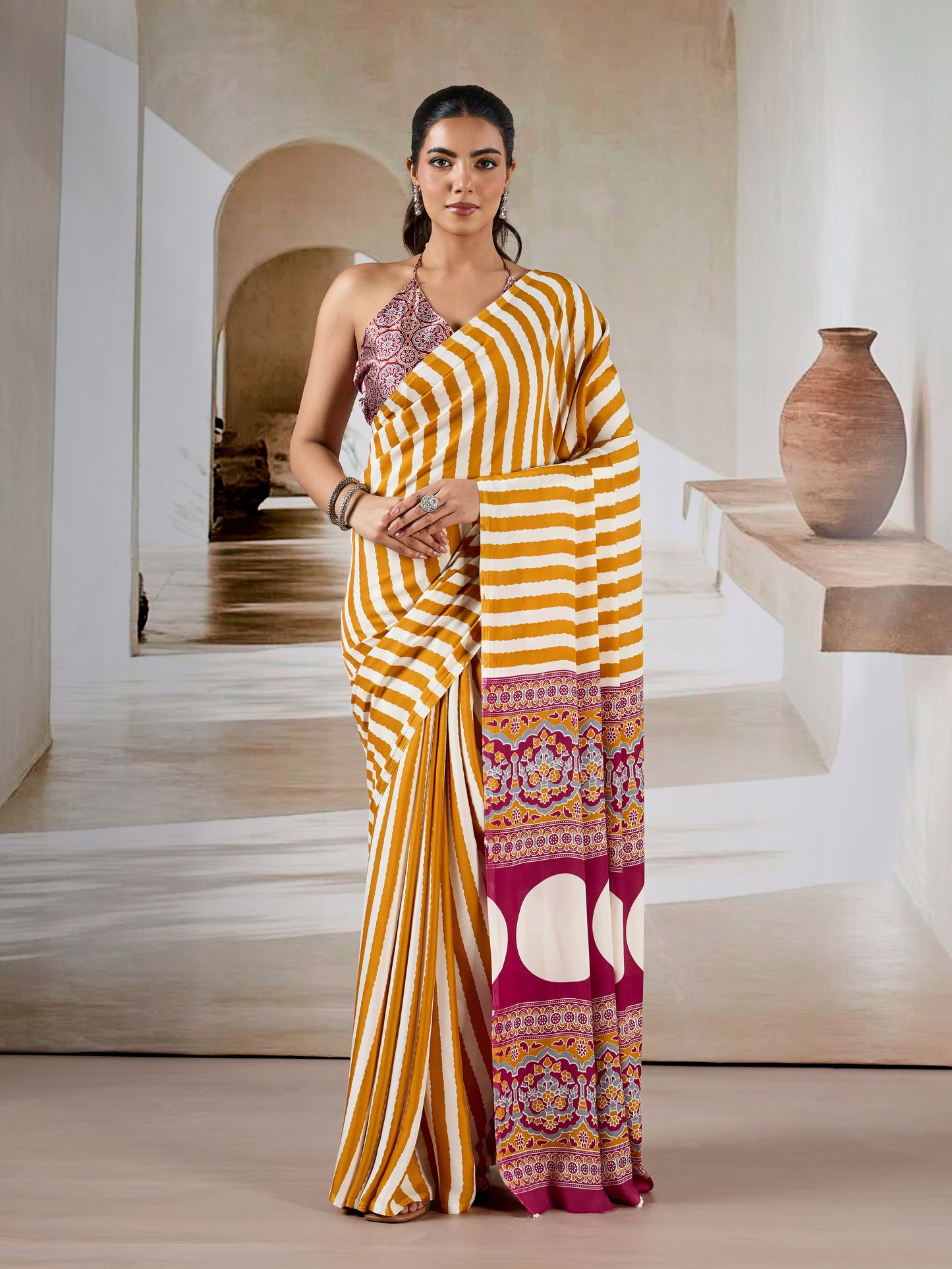 Yellow Stripe Crepe Silk Ready To Wear/Easy Saree by Stylebypanaash 