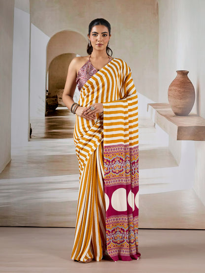 Yellow Stripe Crepe Silk Ready To Wear/Easy Saree by Stylebypanaash 