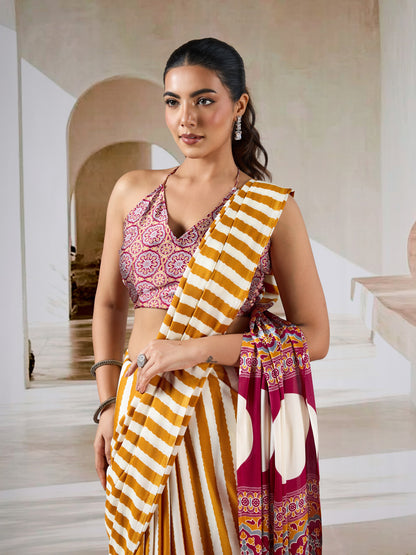 Yellow Stripe Crepe Silk Ready To Wear/Easy Saree by Stylebypanaash  