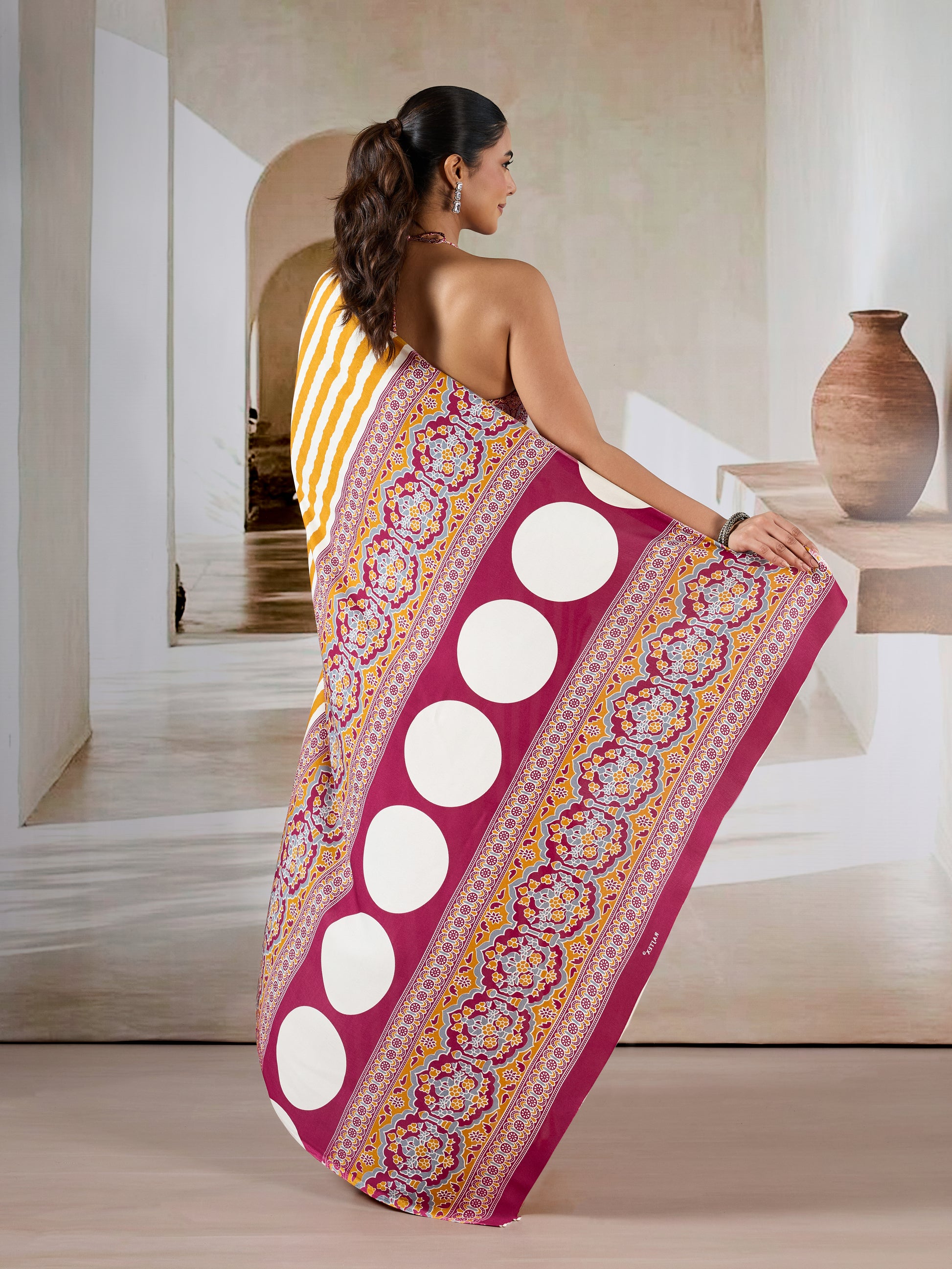 Yellow Stripe Crepe Silk Ready To Wear/Easy Saree by Stylebypanaash 