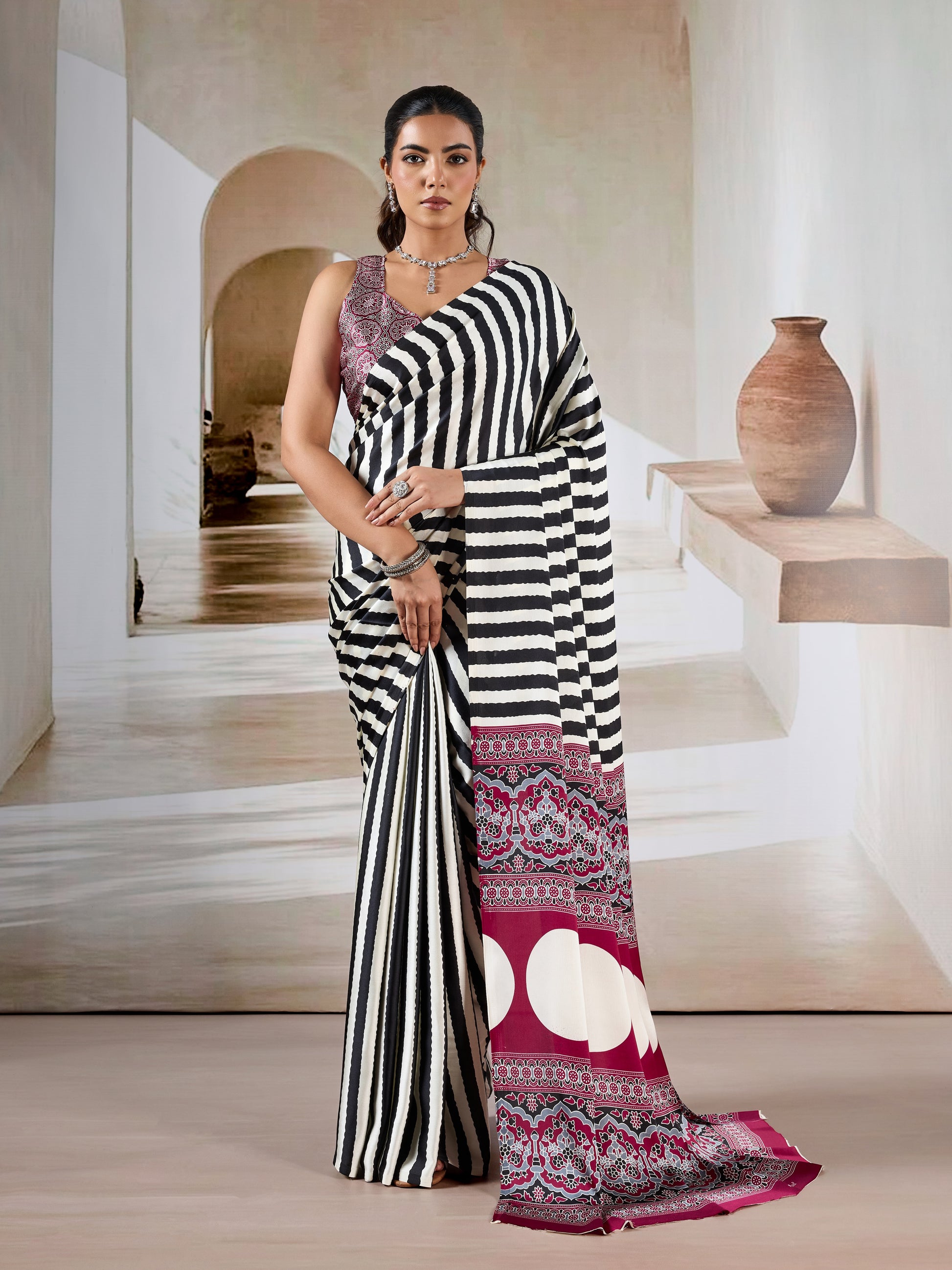 Black Stripe Crepe Silk Ready To Wear/Easy Saree by Stylebypanaash 