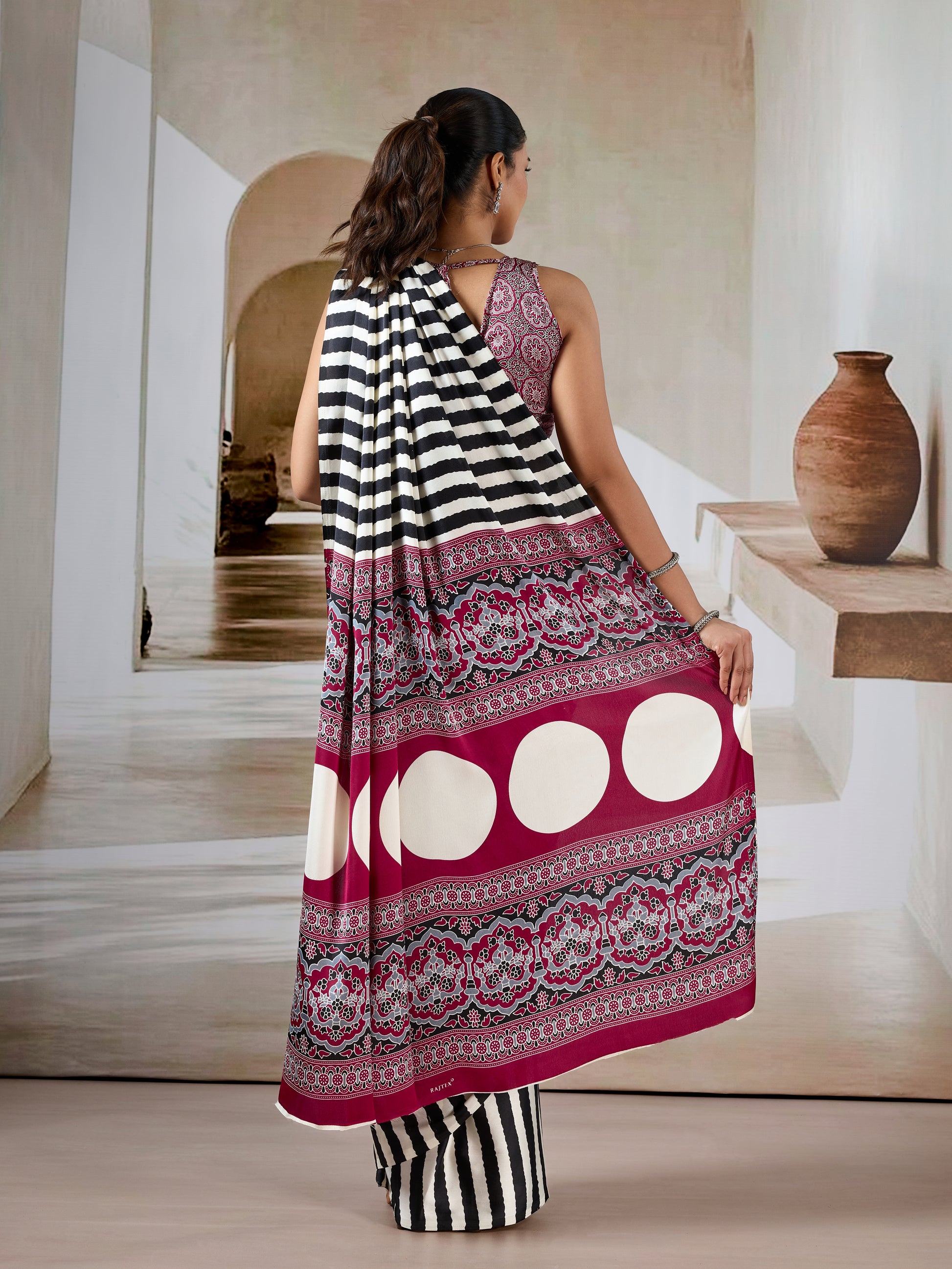 Black Stripe Crepe Silk Ready To Wear/Easy Saree by Stylebypanaash 