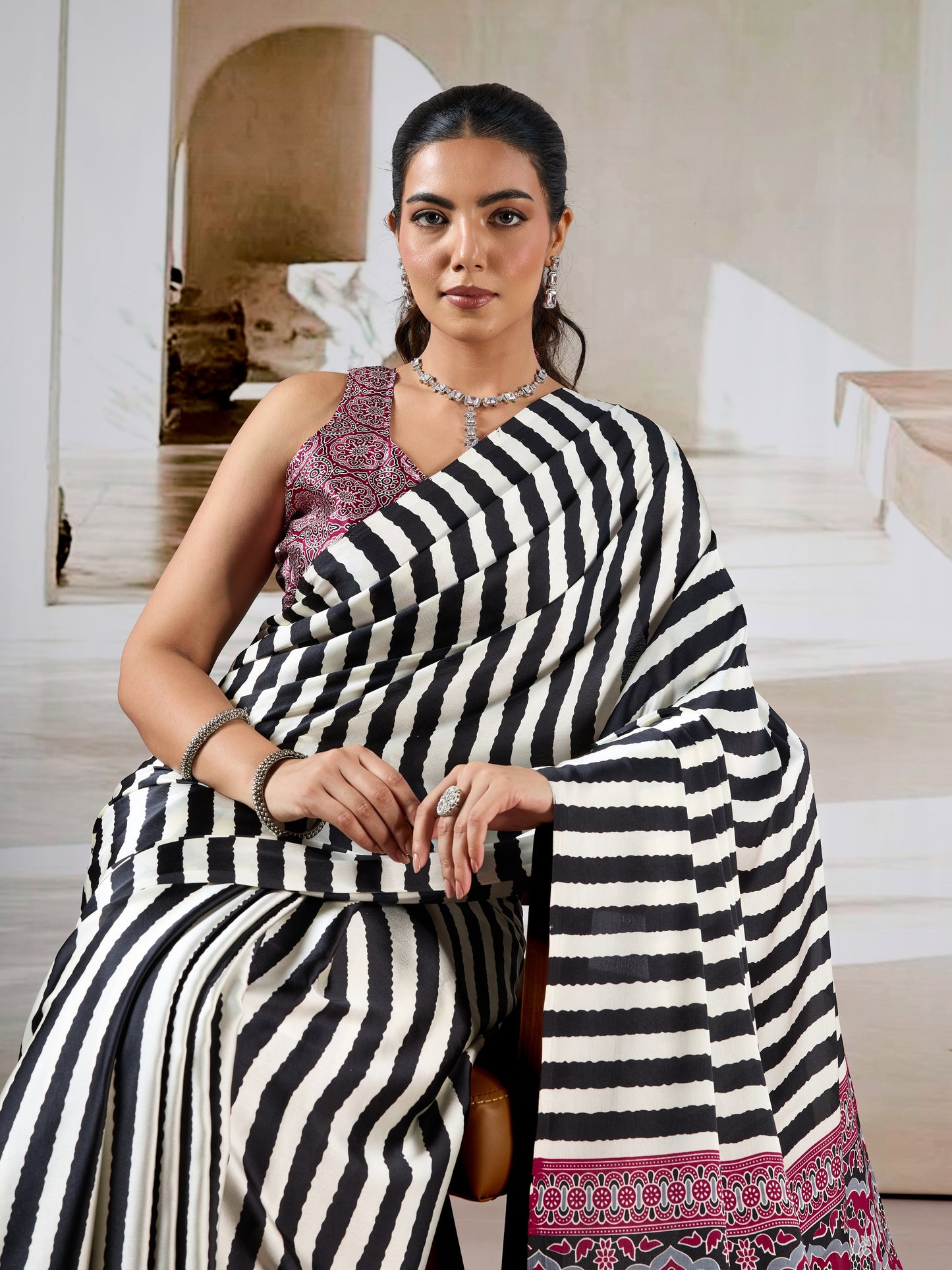 Black Stripe Crepe Silk Ready To Wear/Easy Saree by Stylebypanaash  