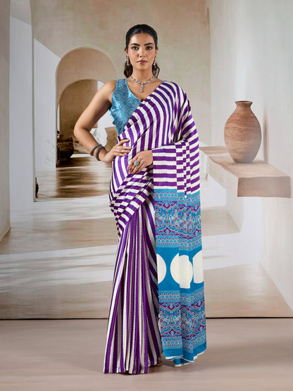 Royal Purple Stripe Crepe Silk Ready To Wear/Easy Saree by Stylebypanaash 