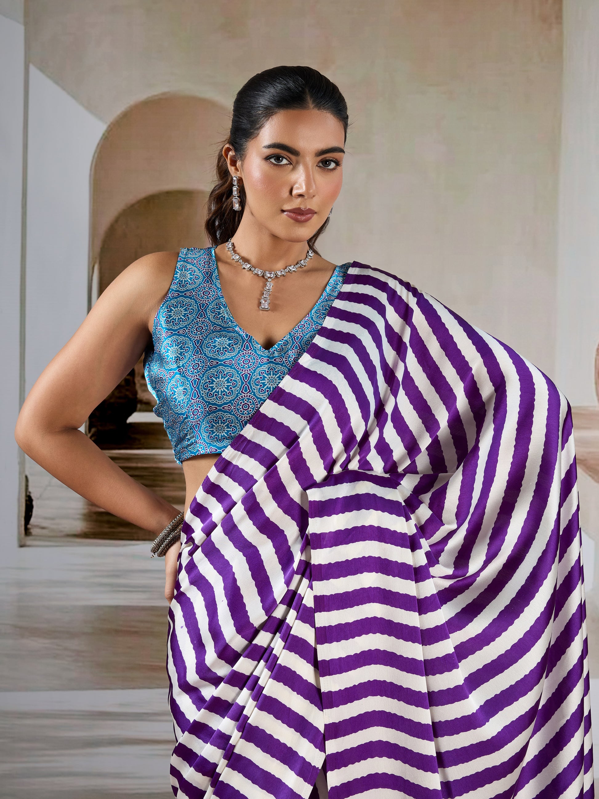 Royal Purple Stripe Crepe Silk Ready To Wear/Easy Saree by Stylebypanaash 
