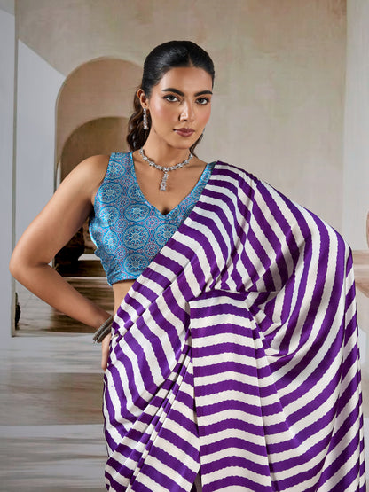 Royal Purple Stripe Crepe Silk Ready To Wear/Easy Saree by Stylebypanaash 