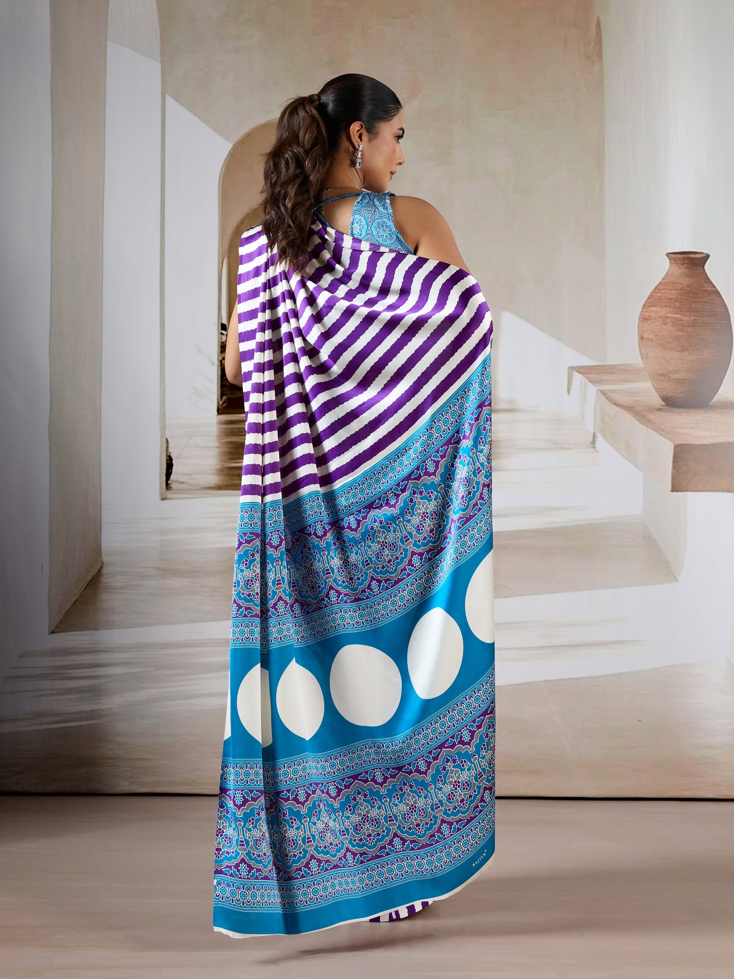 Royal Purple Stripe Crepe Silk Ready To Wear/Easy Saree by Stylebypanaash 