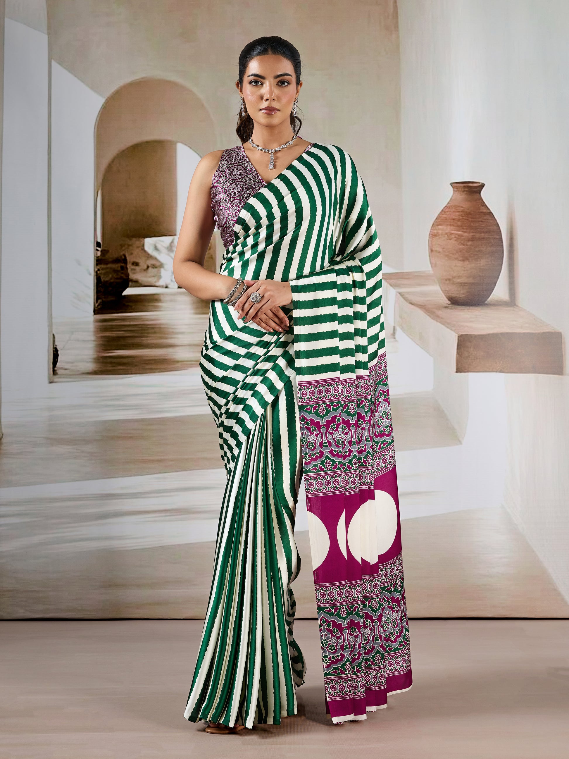 Green Stripe Crepe Silk Ready To Wear/Easy Saree by Stylebypanaash 