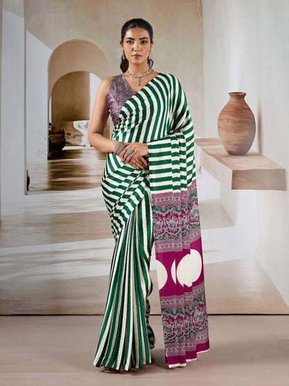 Green Stripe Crepe Silk Ready To Wear/Easy Saree by Stylebypanaash 