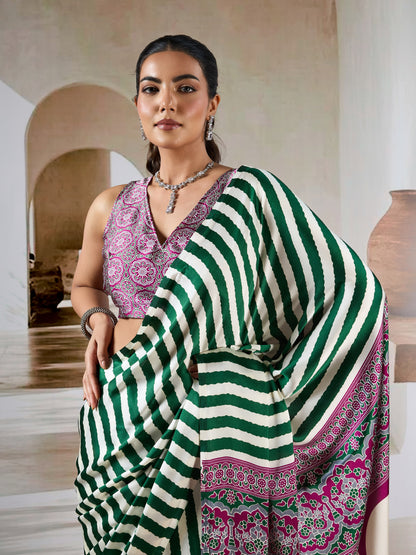 Green Stripe Crepe Silk Ready To Wear/Easy Saree by Stylebypanaash 