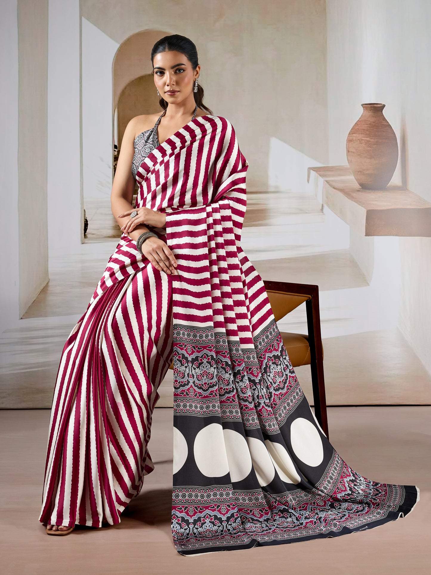 Maroon Stripe Crepe Silk Ready To Wear/Easy Saree by Stylebypanaash 
