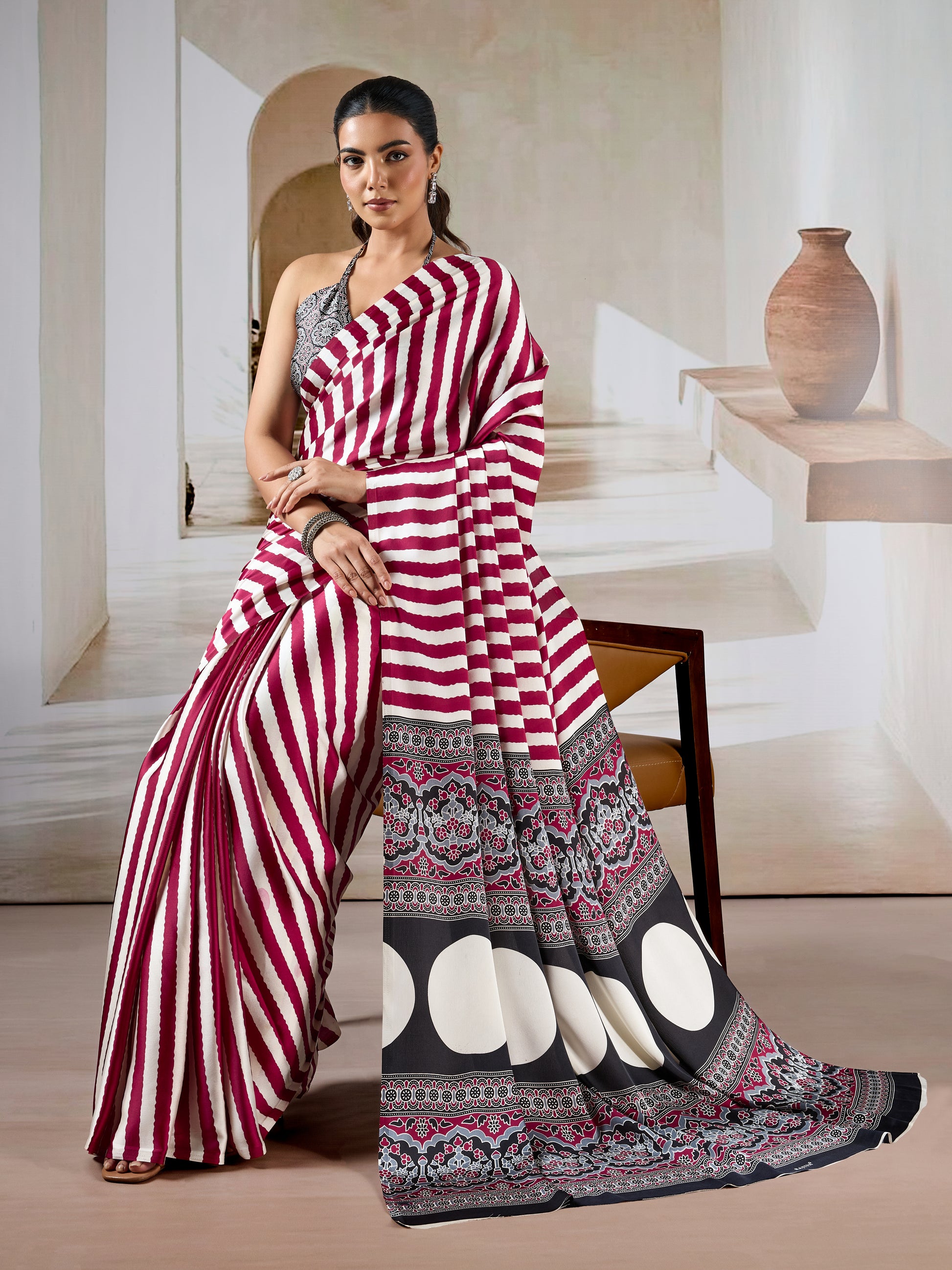 Maroon Stripe Crepe Silk Ready To Wear/Easy Saree by Stylebypanaash 