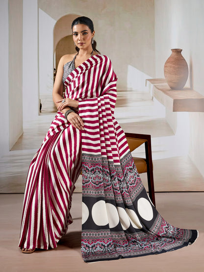 Maroon Stripe Crepe Silk Ready To Wear/Easy Saree by Stylebypanaash 