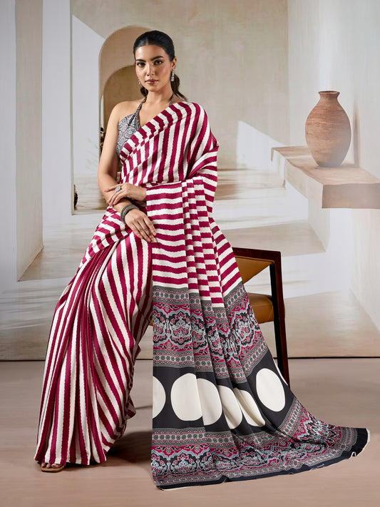 Maroon-and-white striped easy saree with black/white circles and printed hem border