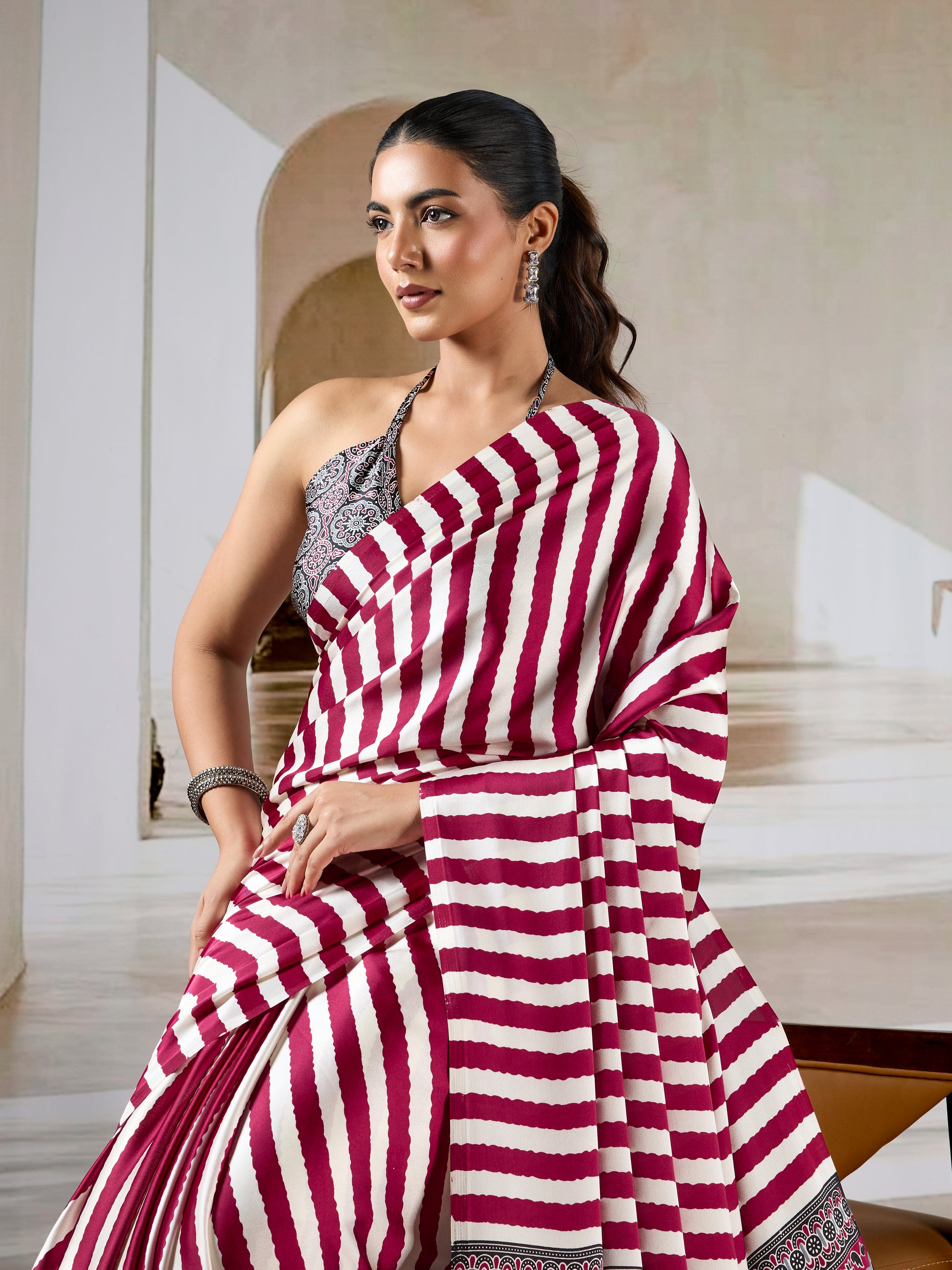 Maroon Stripe Crepe Silk Ready To Wear/Easy Saree by Stylebypanaash  