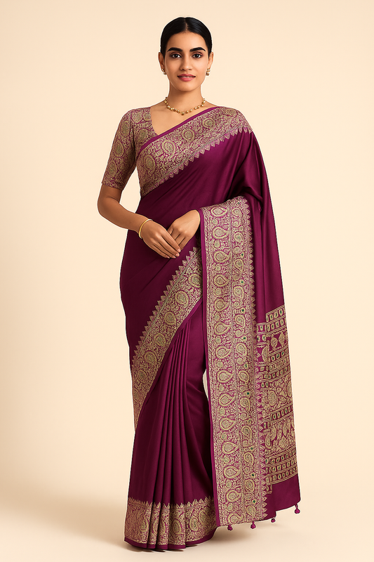 Magenta Readymade Crepe Ajrakh Silk Saree