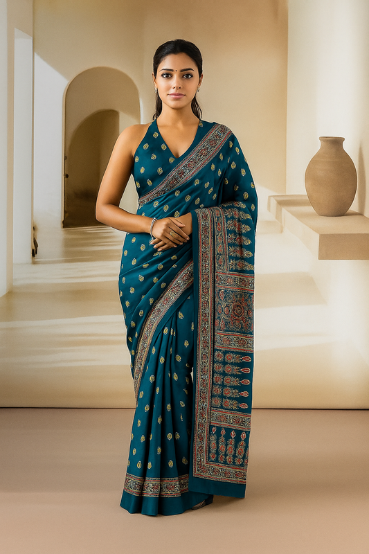 Turquoise Readymade Crepe Silk Saree