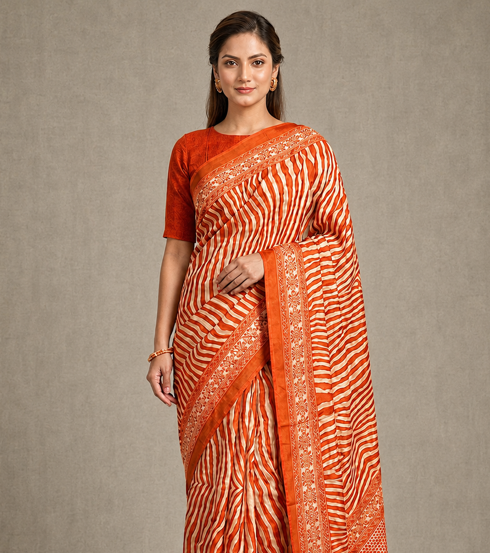 Orange Crepe Silk Ready To Wear/Easy Saree by Stylebypanaash 