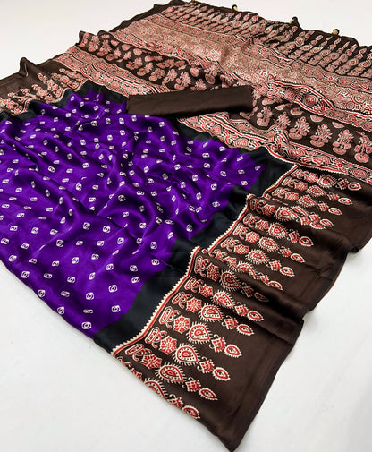 Purple & Brown Readymade Crepe Silk Saree