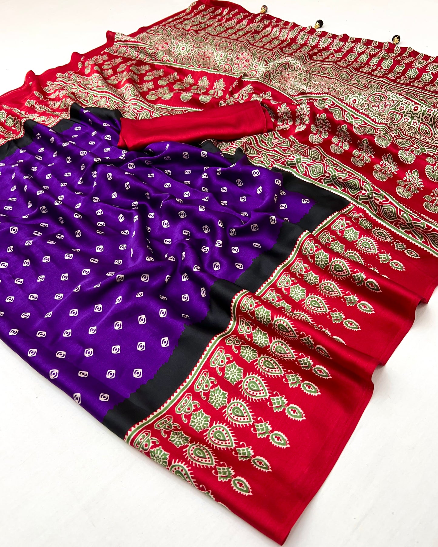 Purple & Red Readymade Crepe Silk Saree