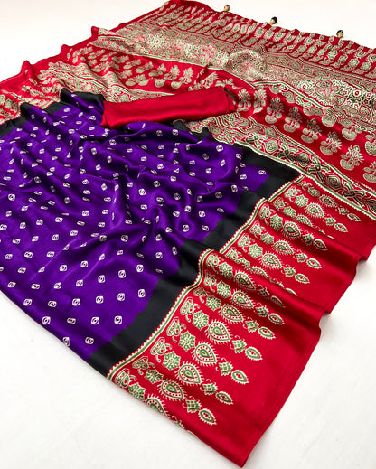 Purple & Red Readymade Crepe Silk Saree