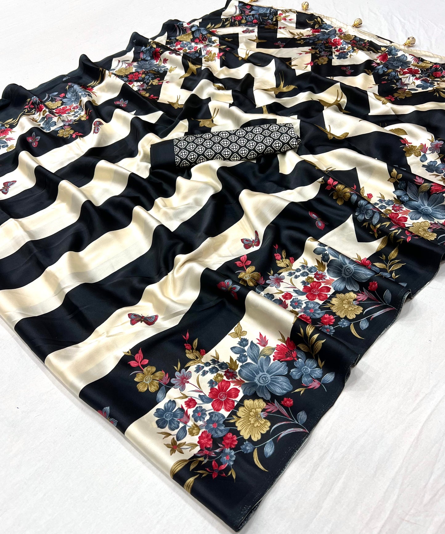 Black Readymade Crepe Silk Saree