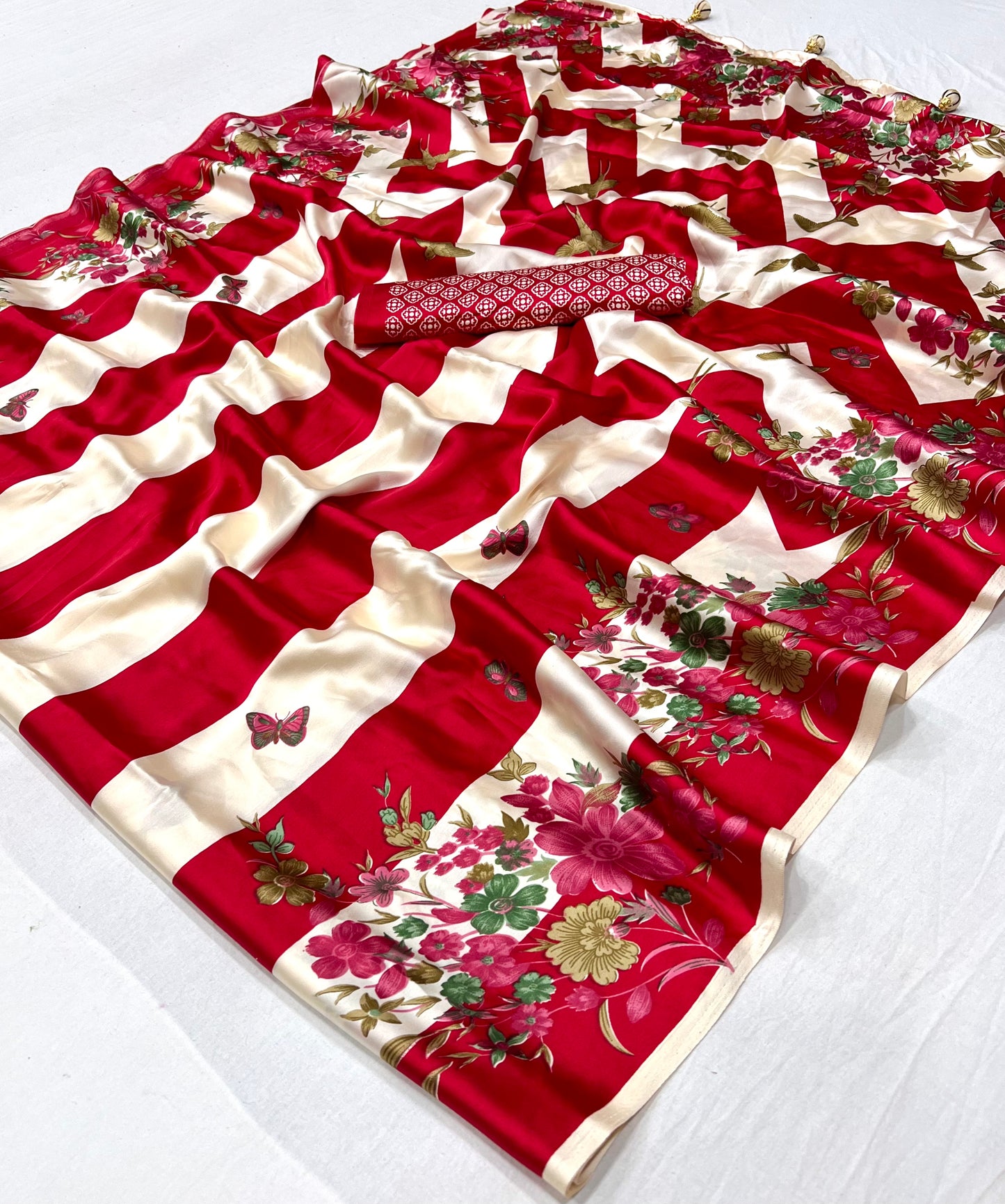 Red Readymade Crepe Silk Saree