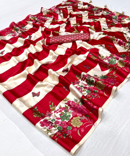 Red Readymade Crepe Silk Saree