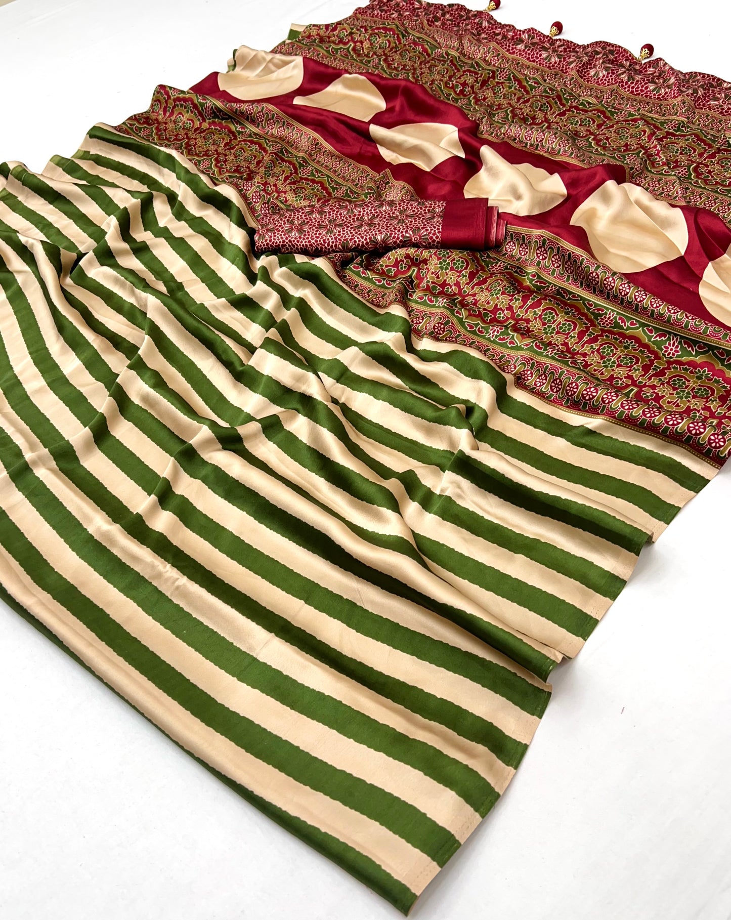 Green Stripe Readymade Crepe Silk Saree