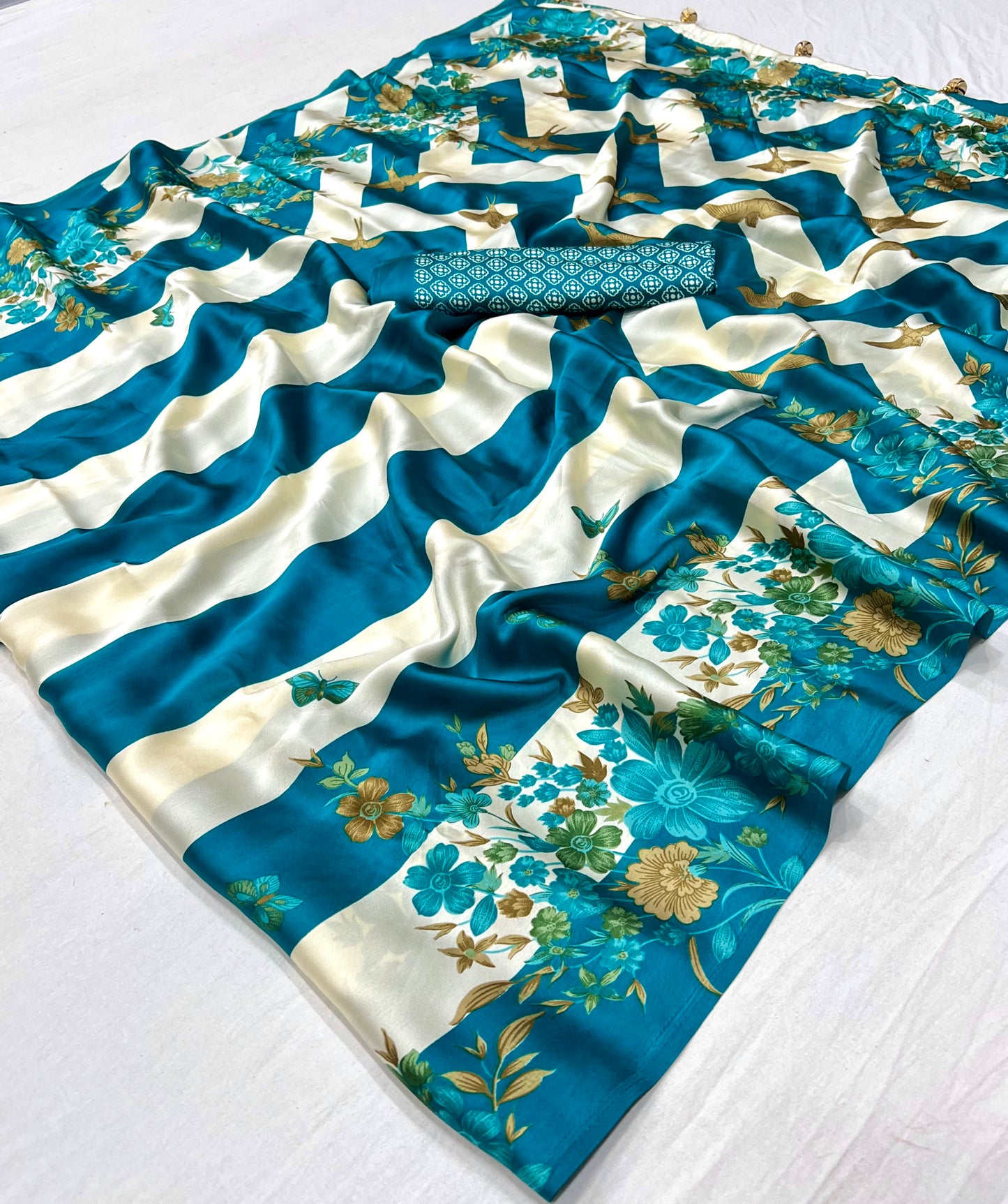 Turquoise Readymade Crepe Silk Saree