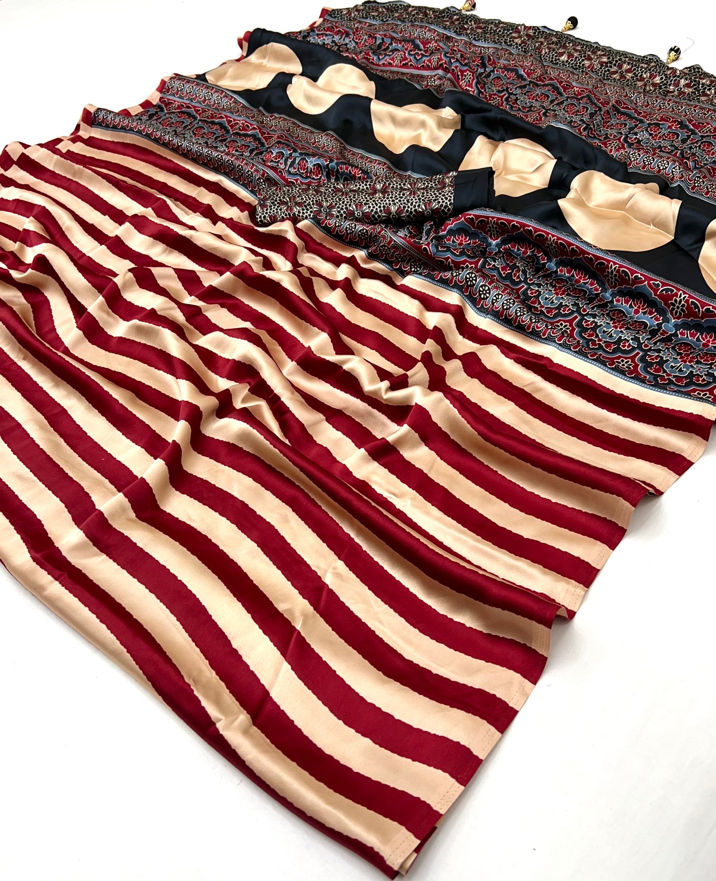 Red Stripe Readymade Crepe Silk Saree