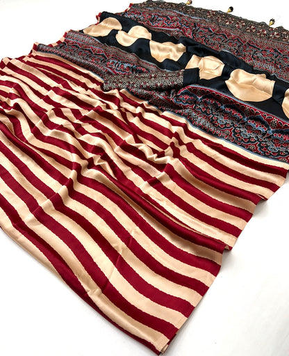 Red Stripe Readymade Crepe Silk Saree