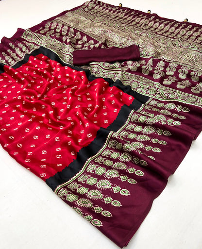 Red & Maroon Readymade Crepe Silk Saree