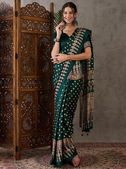 Green Readymade Crepe Silk Saree