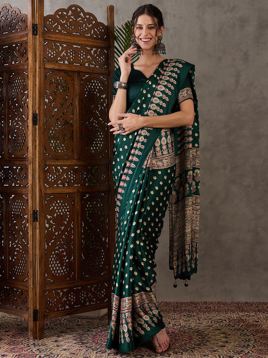 Green Readymade Crepe Silk Saree