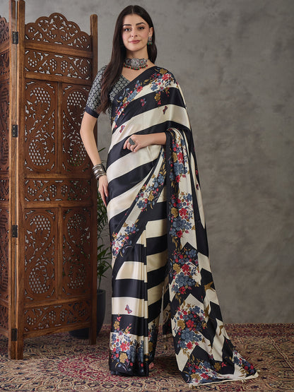 Black Readymade Crepe Silk Saree