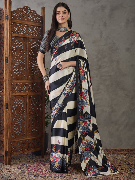 Black Readymade Crepe Silk Saree