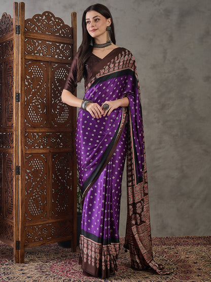 Purple & Brown Readymade Crepe Silk Saree