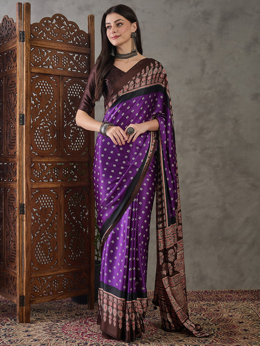 Purple & Brown Readymade Crepe Silk Saree
