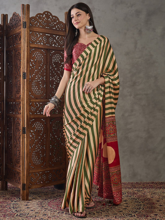 Green Stripe Readymade Crepe Silk Saree